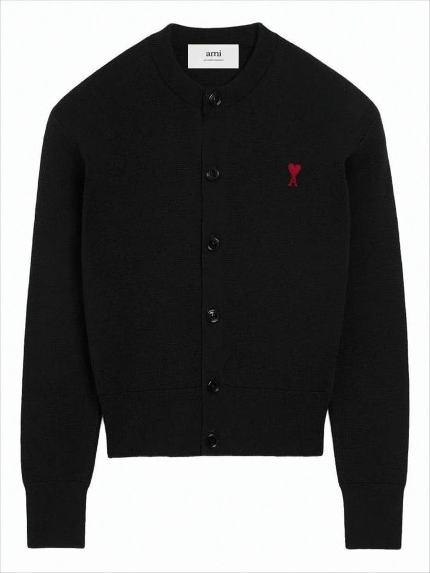 Ami Cropped Black Wool Cardigan With Round Neckline