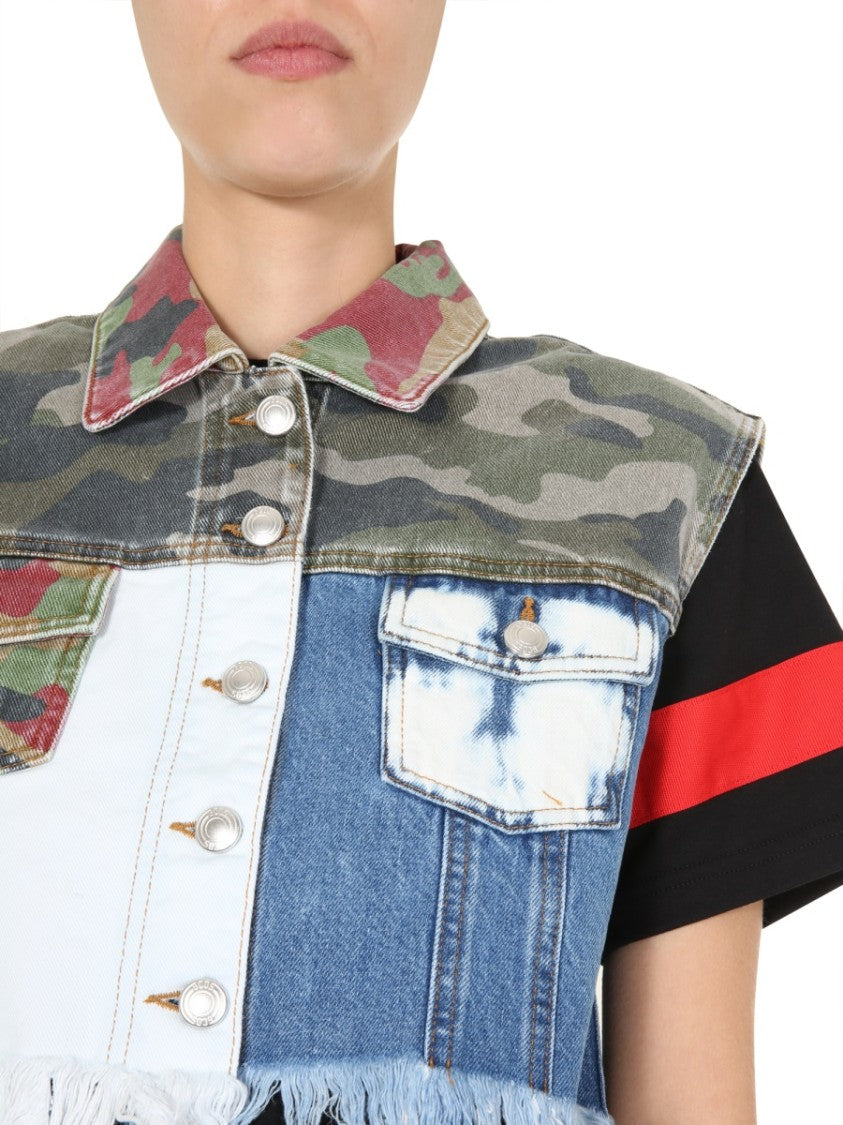 Gcds Cropped Denim Vest With Patchwork Design