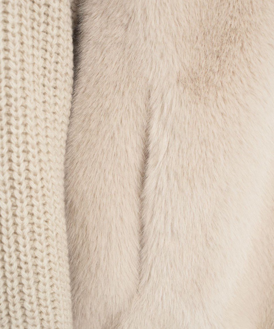 Herno Faux Fur Jacket With Ribbed Knit Sleeves And High Collar