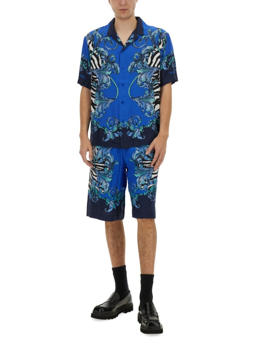 Versace Jeans Couture Blue Viscose Shorts With Intricate Patterns