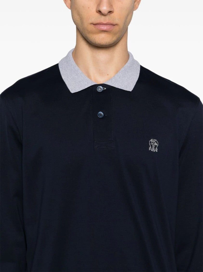 Brunello Cucinelli Long-Sleeve Polo With Contrast Collar And Embroidered Detail