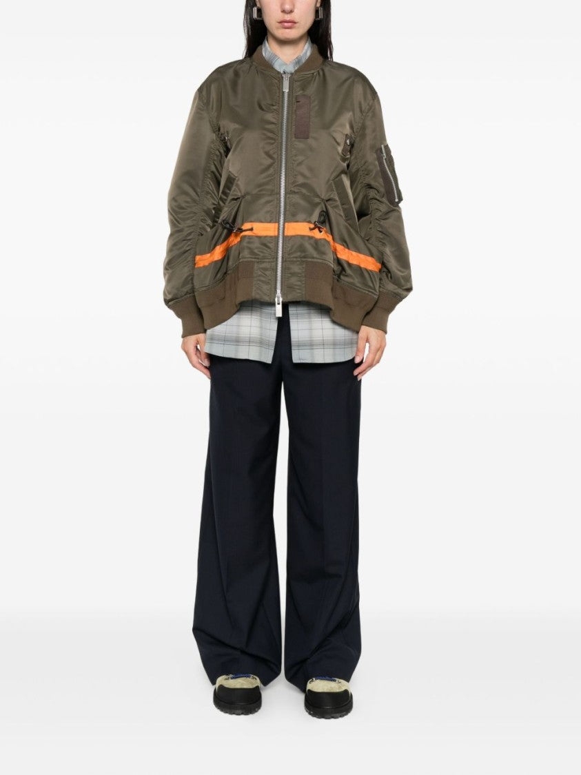 Sacai Short Jacket With Khaki Base And Orange Stripe Detail