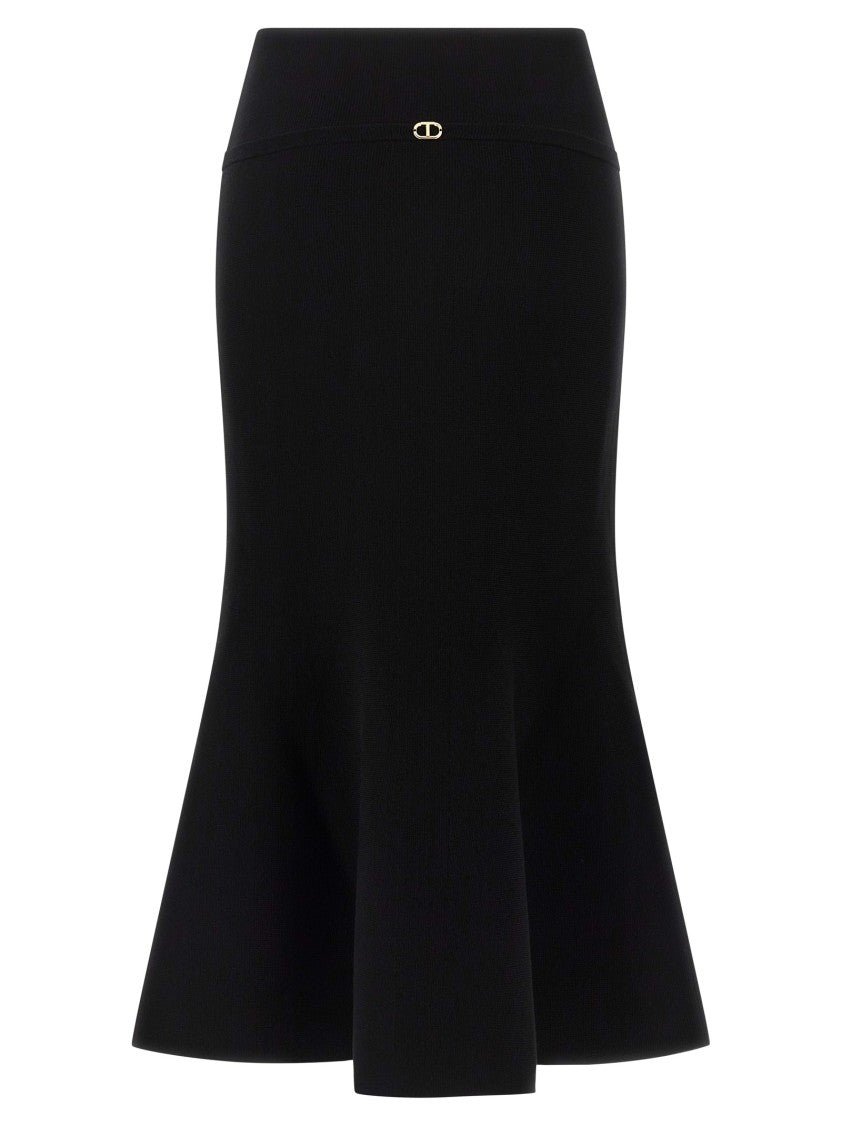 Twin-Set Flared Black Midi Skirt With Elastic Waistband And Metal Logo