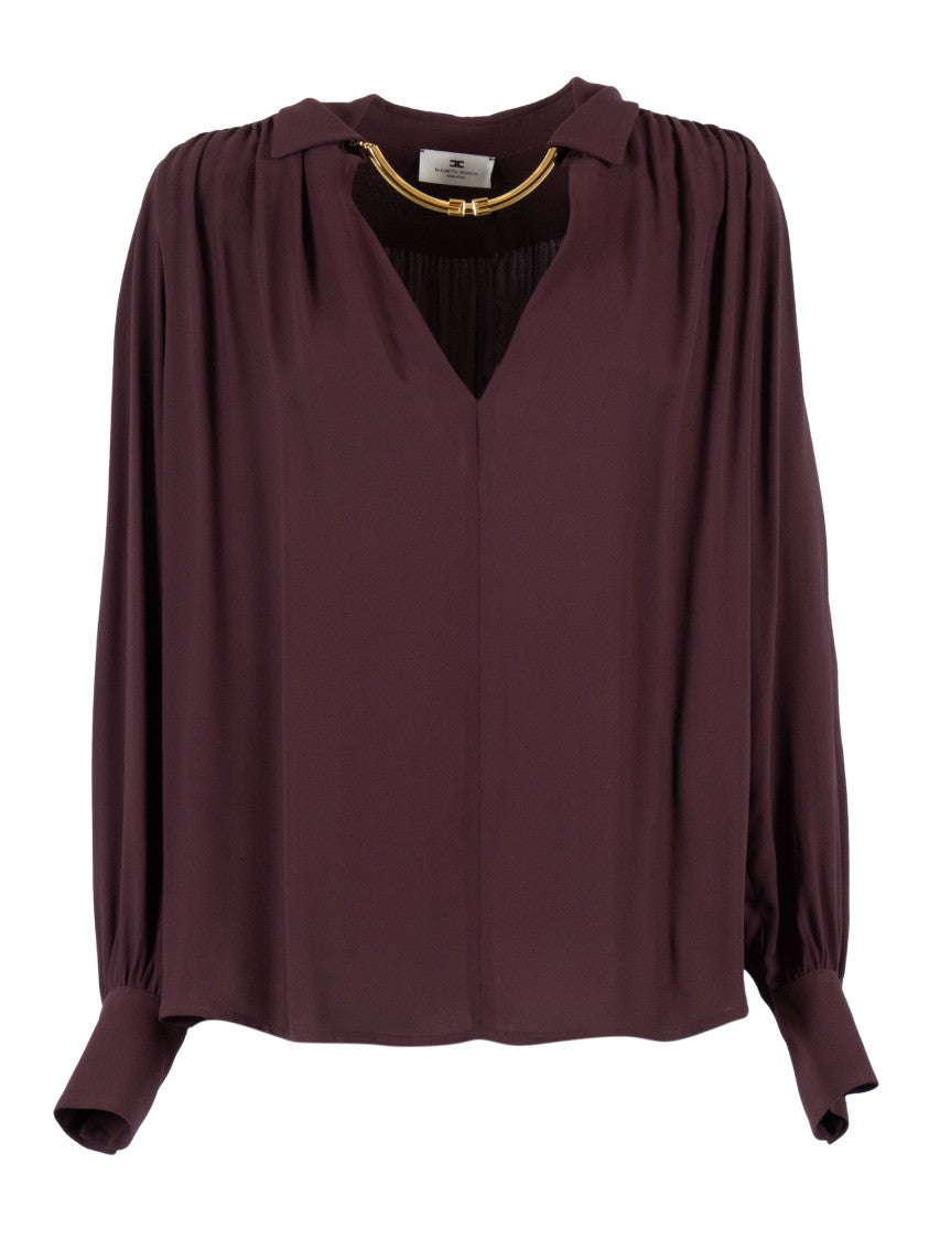 Elisabetta Franchi Burgundy Blouse With Deep V-Neck And Pleated Detailing