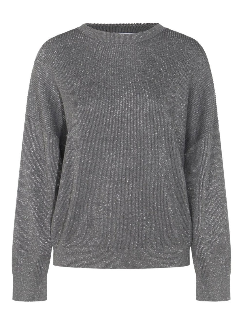 Brunello Cucinelli Relaxed Fit Grey Sweater With Subtle Shimmer And Ribbed Detailing