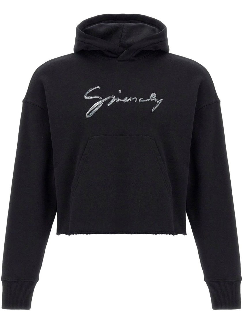 Givenchy Cropped Black Hooded Sweater With Front Pouch Pocket