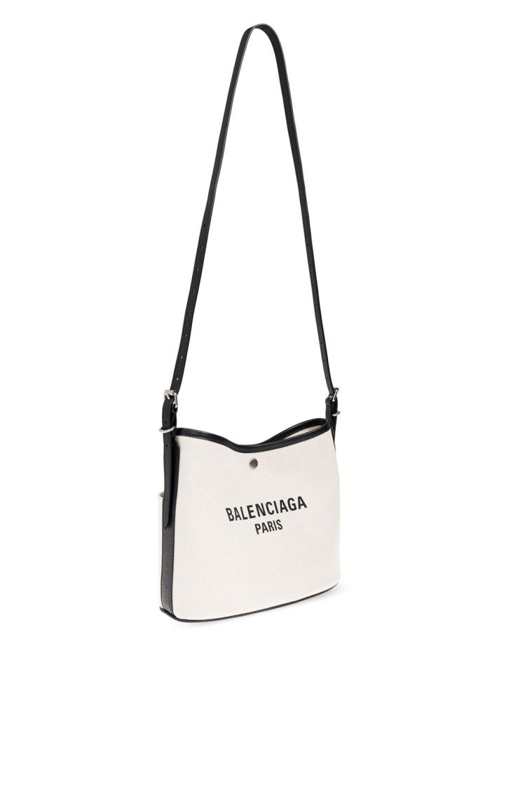 Balenciaga Rectangular Canvas Shoulder Bag With Leather Trim And Bold Accents