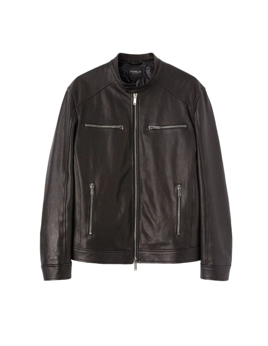 Dondup Smooth Black Leather Jacket With Stand Collar And Zippered Pockets