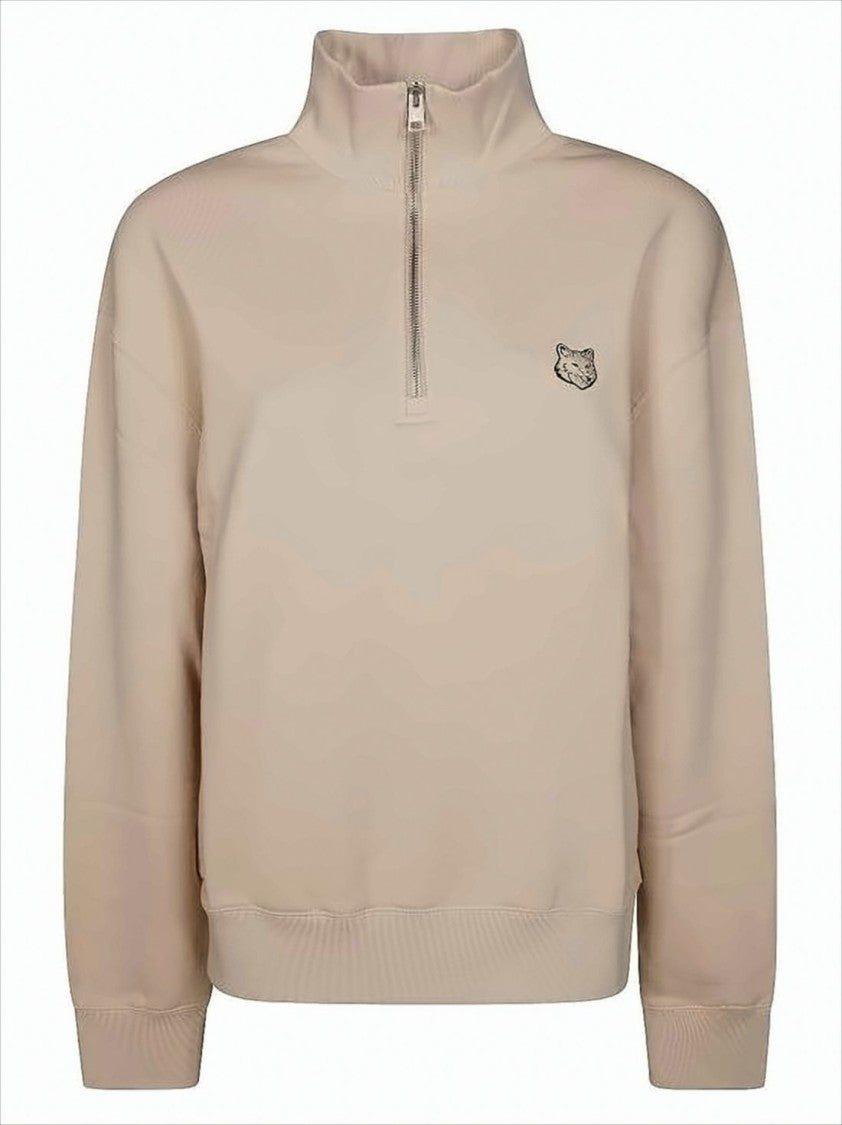 Maison Kitsuné Half-Zip Long Sleeve Pullover With Embroidered Fox Emblem