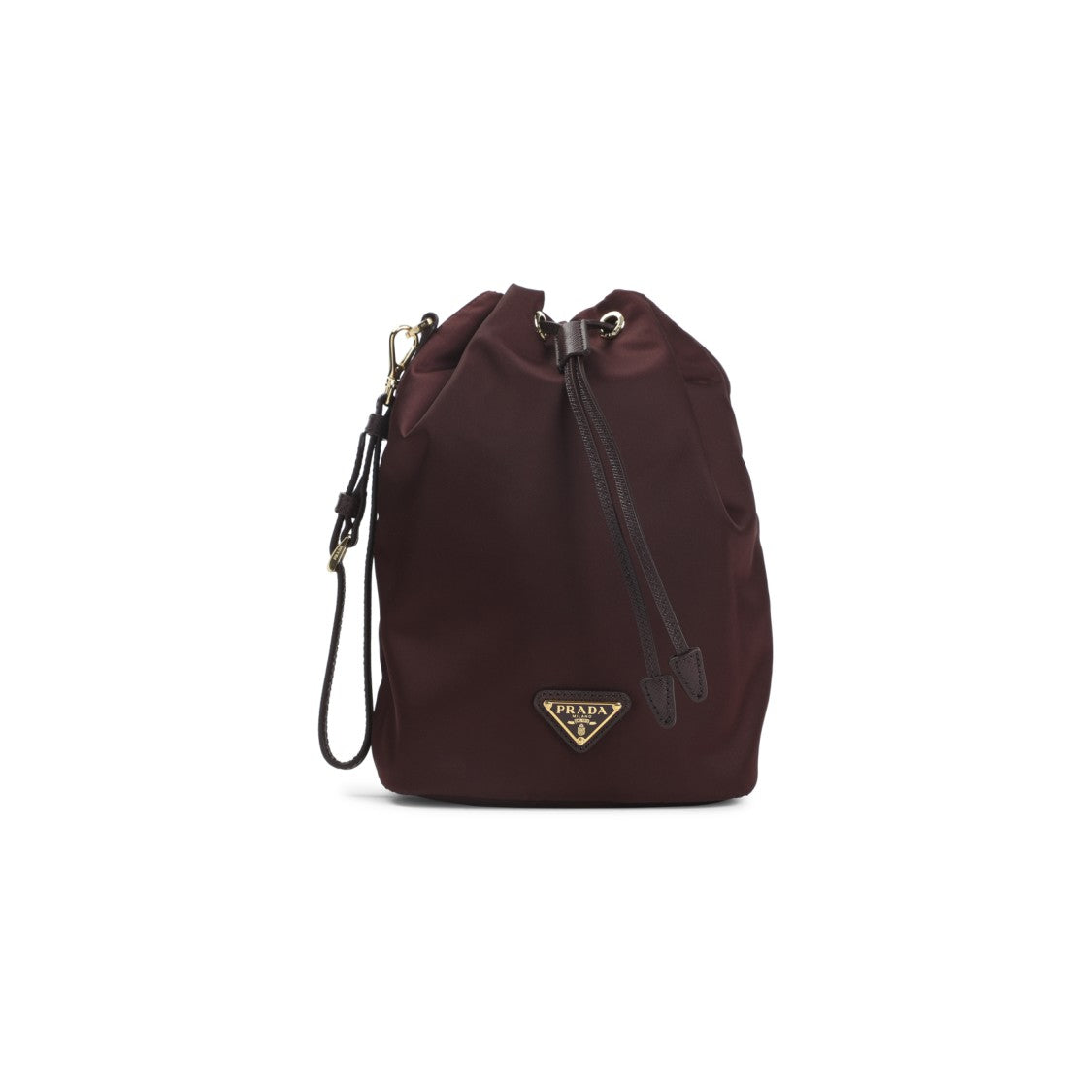 Prada Compact Burgundy Bucket Bag With Drawstring Closure