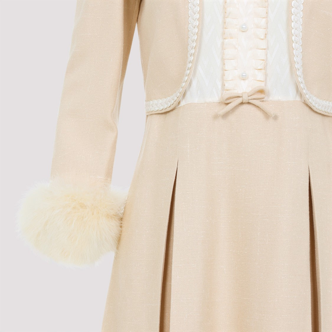 Valentino Nude Viscose-Silk Blend Dress With Feather-Accented Cuffs