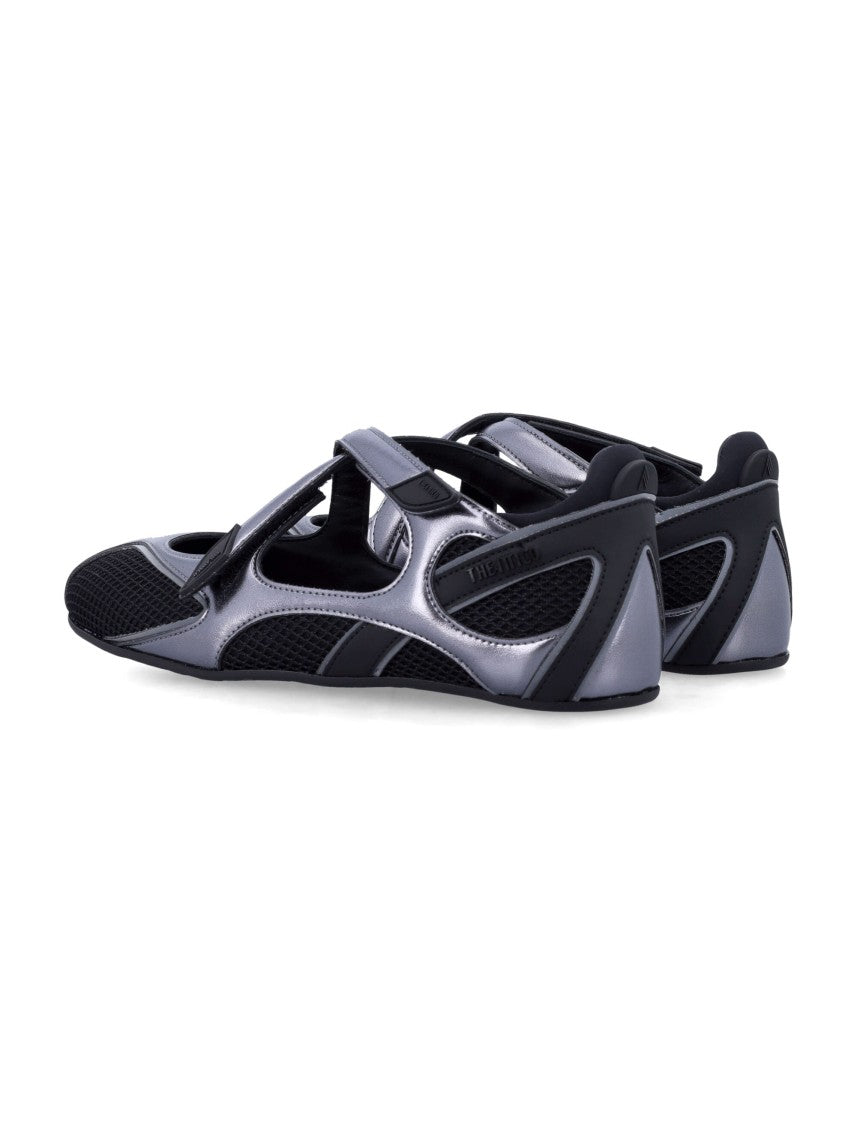 The Attico Futuristic Minimalist Black Flats With Metallic Overlays