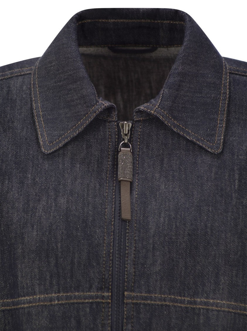 Brunello Cucinelli Denim-Effect Twill Bomber Jacket With Shiny Zip