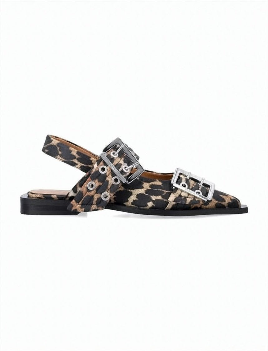 Ganni Pointed Toe Flat Shoes With Leopard Print And Silver-Tone Accents