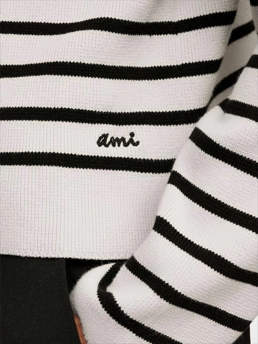 Ami Cropped Knit Sweater With Classic Striped Pattern