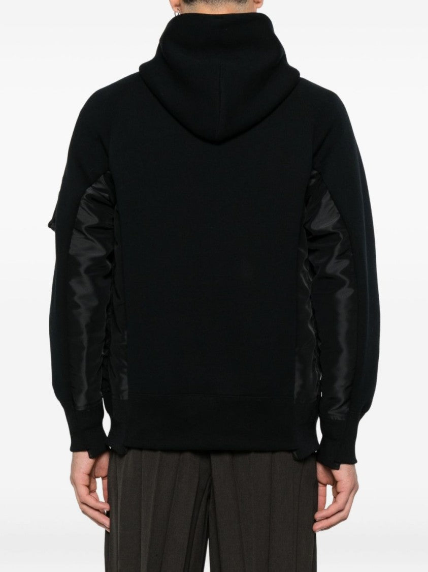 Sacai Black Hoodie With Shiny Fabric Panels And Zippered Pocket