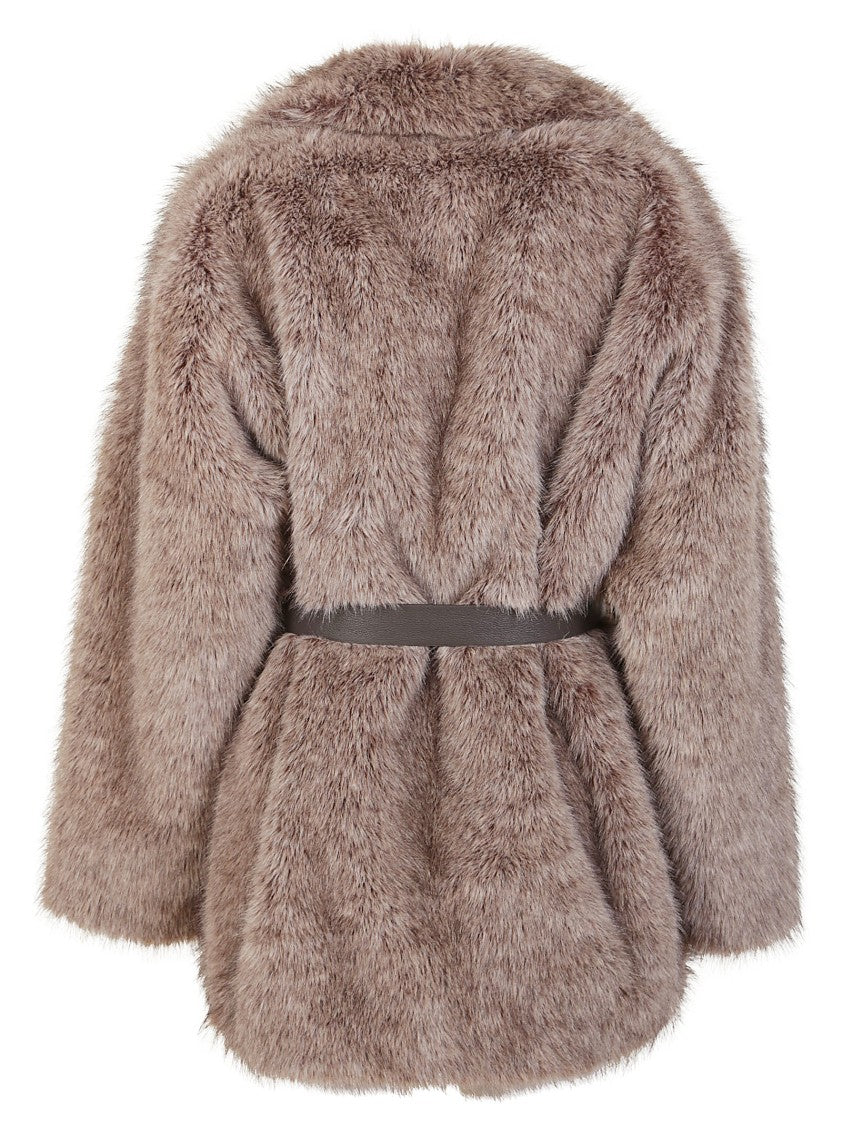 P.A.R.O.S.H. Double-Breasted Faux Fur Jacket With Belted Waist And Welt Pockets