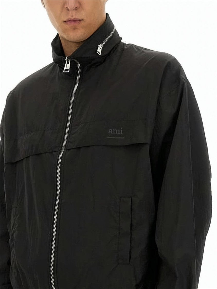 Ami High-Collar Polyamide Jacket With Elastic Hem And Cropped Fit