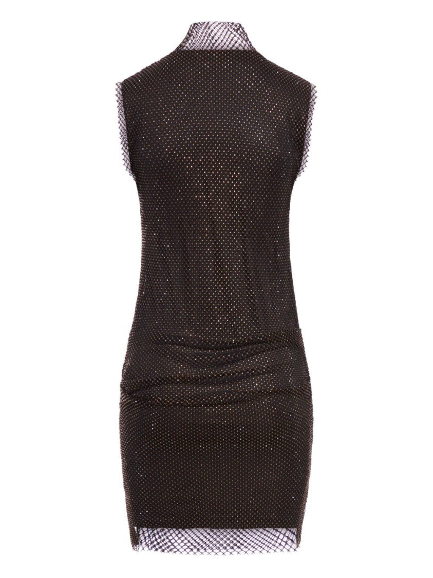 Sportmax Rhinestone-Embellished Black Sleeveless Mini Dress With High Collar