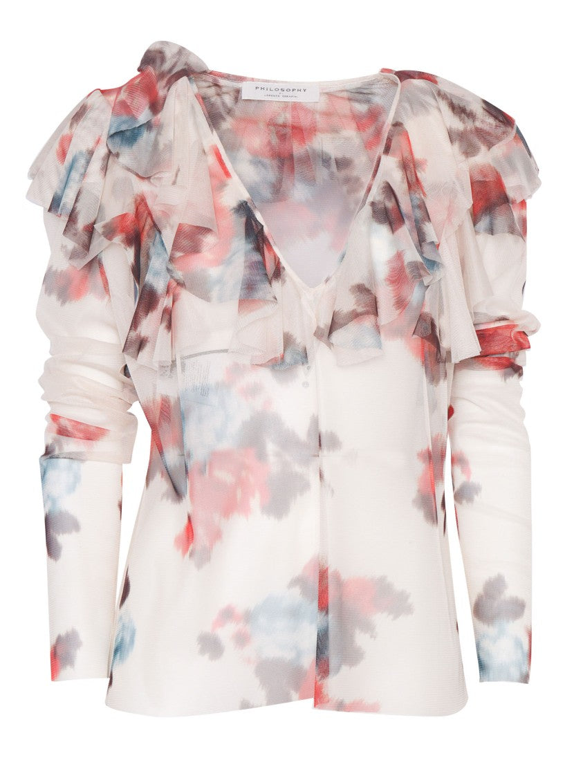 Philosophy Di Lorenzo Serafini White Blouse With Abstract Pattern And Ruffle Design