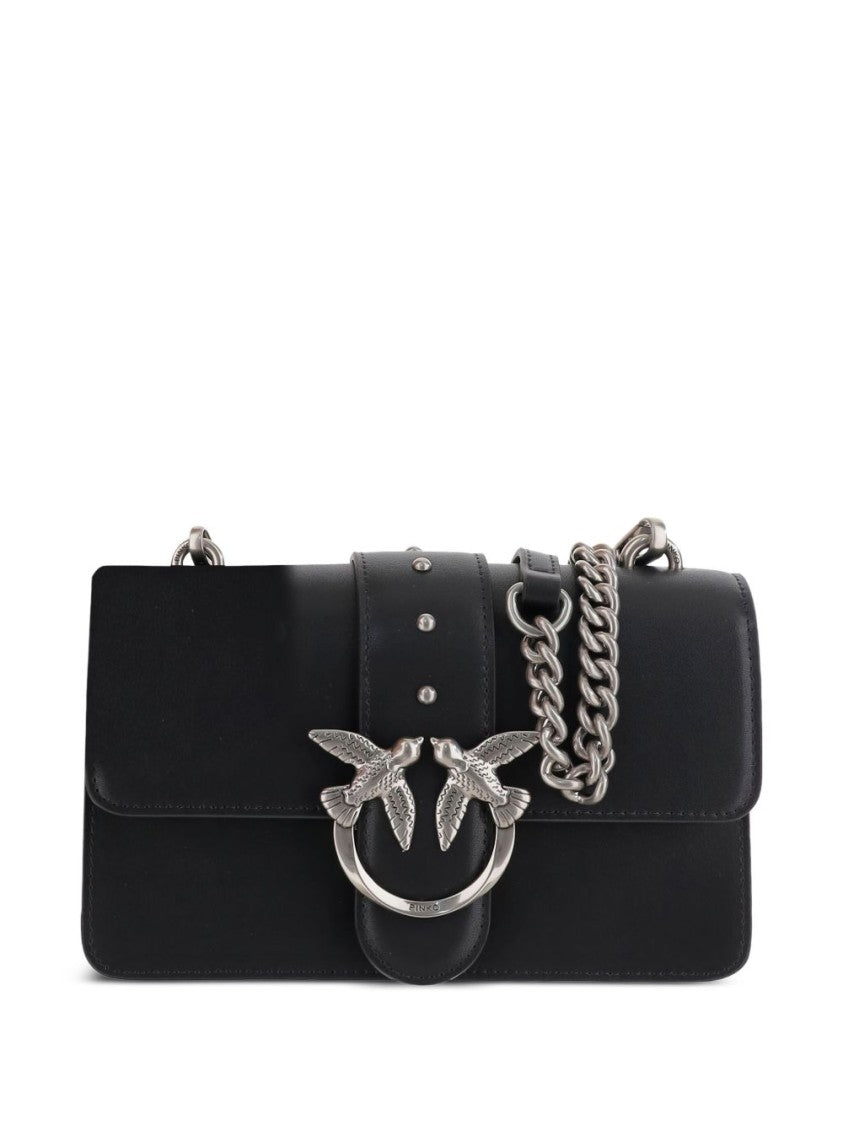 Pinko Structured Black Shoulder Bag With Silver Chain Strap And Bird Clasp