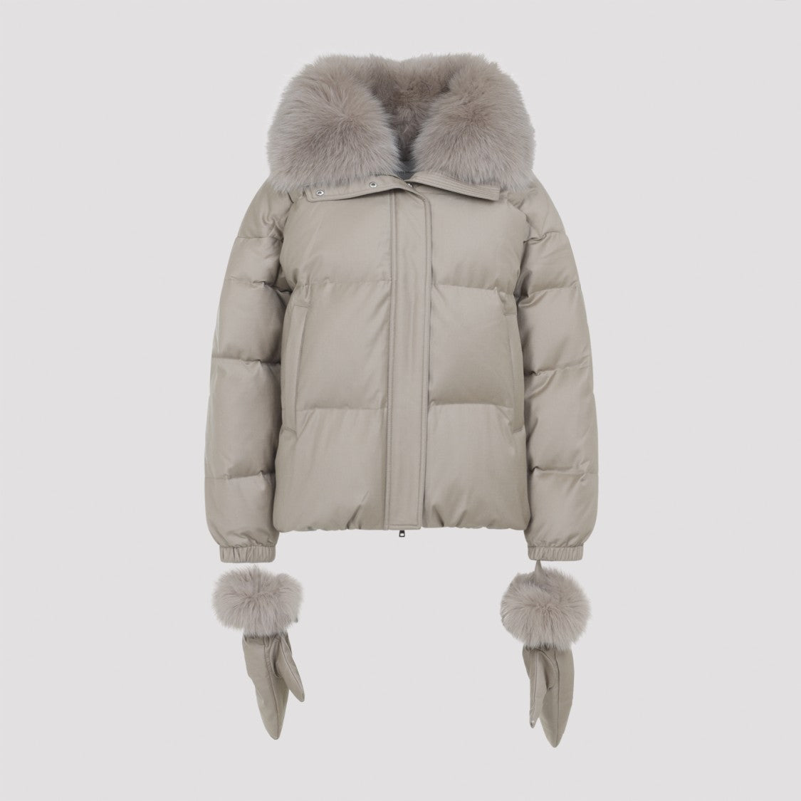 Yves Salomon Plush Padded Jacket With Voluminous Fur Collar And Matching Gloves