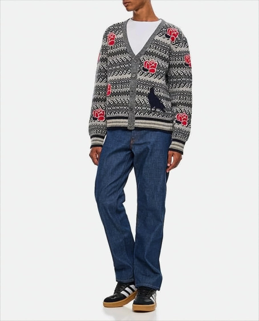 Thom Browne Classic V-Neck Cardigan With Rose And Bird Motif