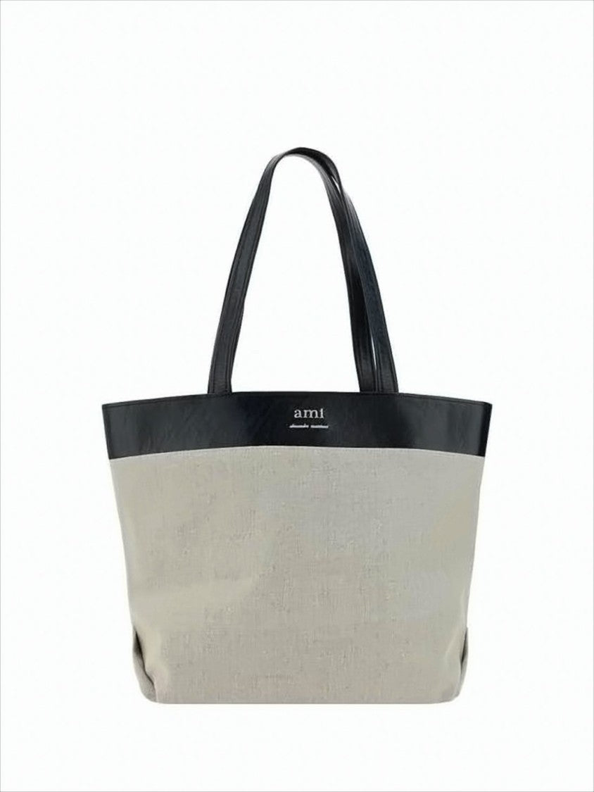 Ami Beige Canvas Tote Bag With Black Leather Trim