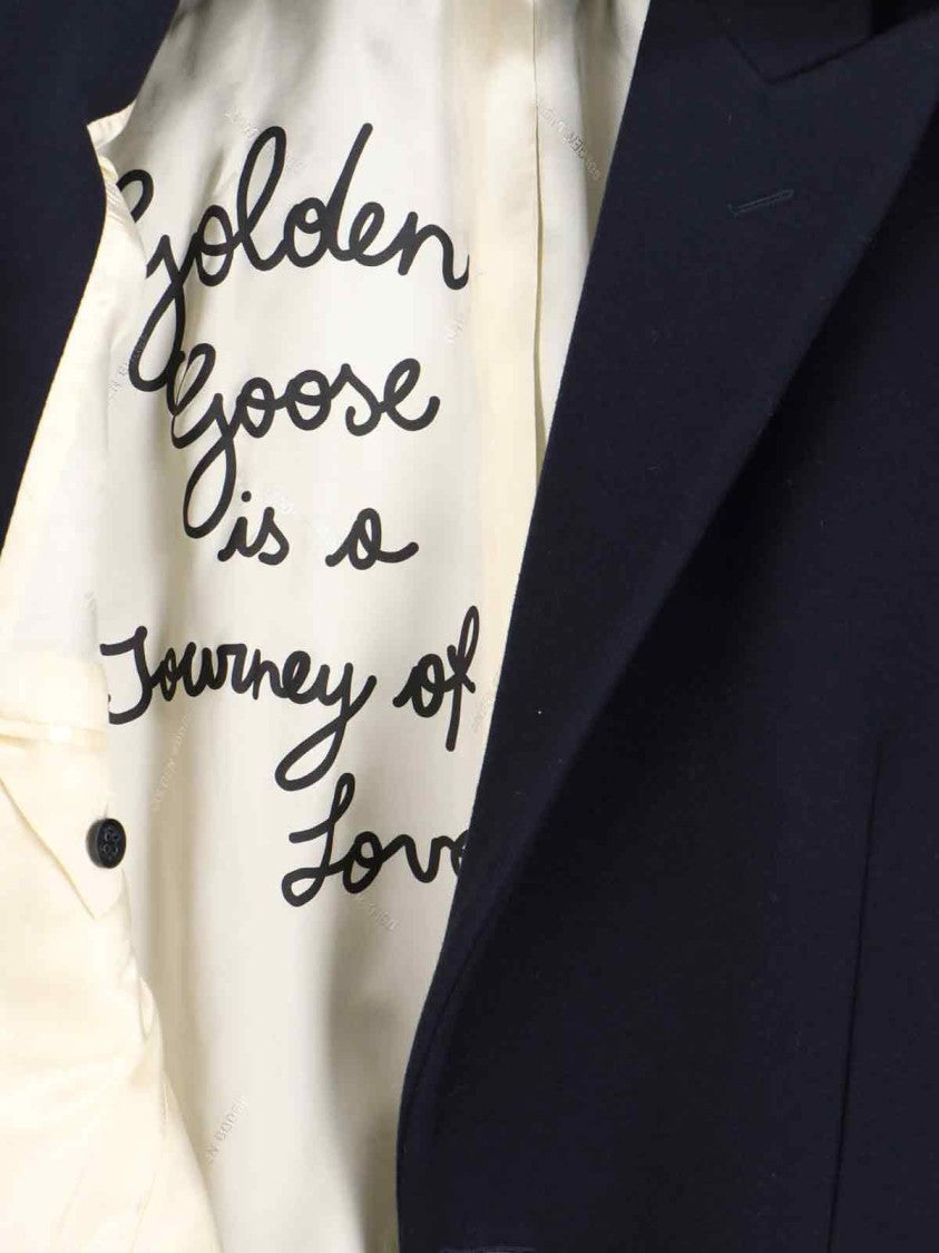 Golden Goose Navy Wool Blend Coat With Star Logo