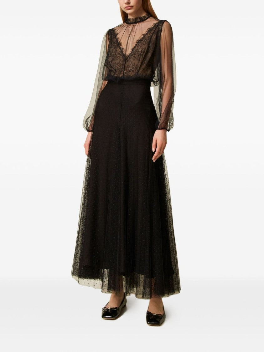 Twin-Set Long Flowing Black Skirt With Fitted Waist