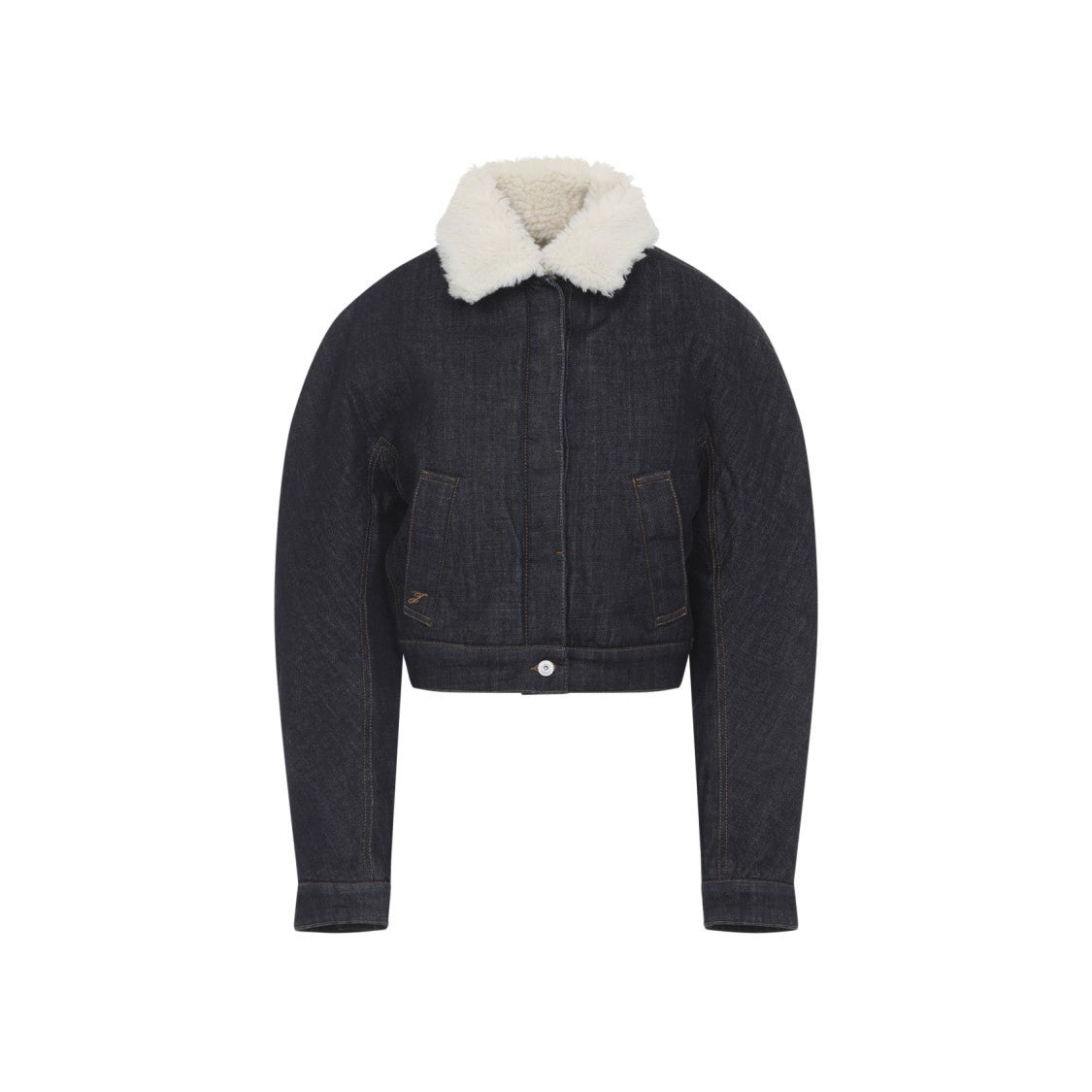Jacquemus Cropped Denim Jacket With Plush Shearling Collar