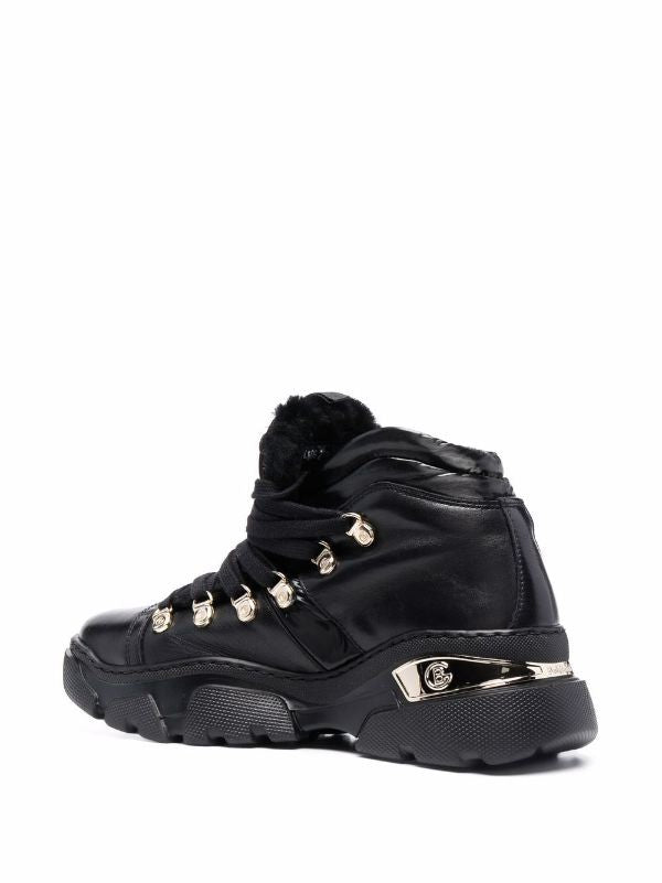 Baldinini Chunky-Soled Black Leather Ankle Boots With Padded Collar And Metallic Accents
