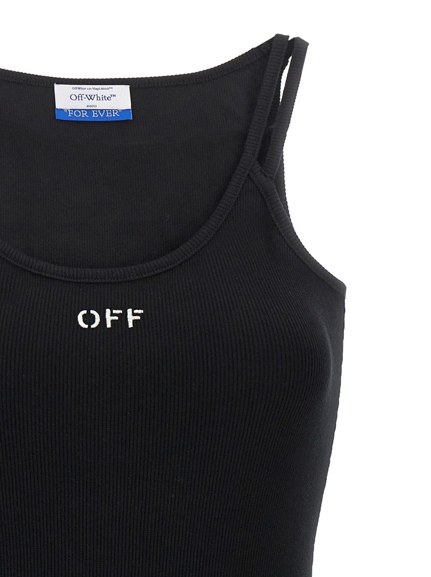 Off-White Ribbed Stretch Mini Dress With Scoop Neckline