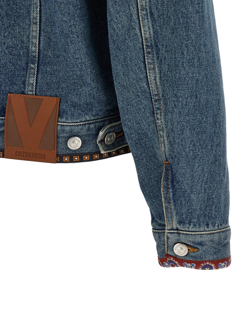 Valentino Garavani Beaded Embroidered Denim Jacket With Floral Piping