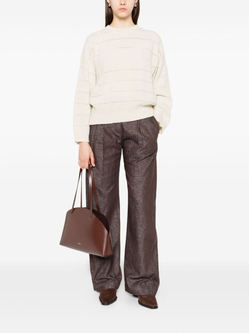 Brunello Cucinelli Relaxed Fit Cropped Sweater With Open-Knit Stripe Pattern