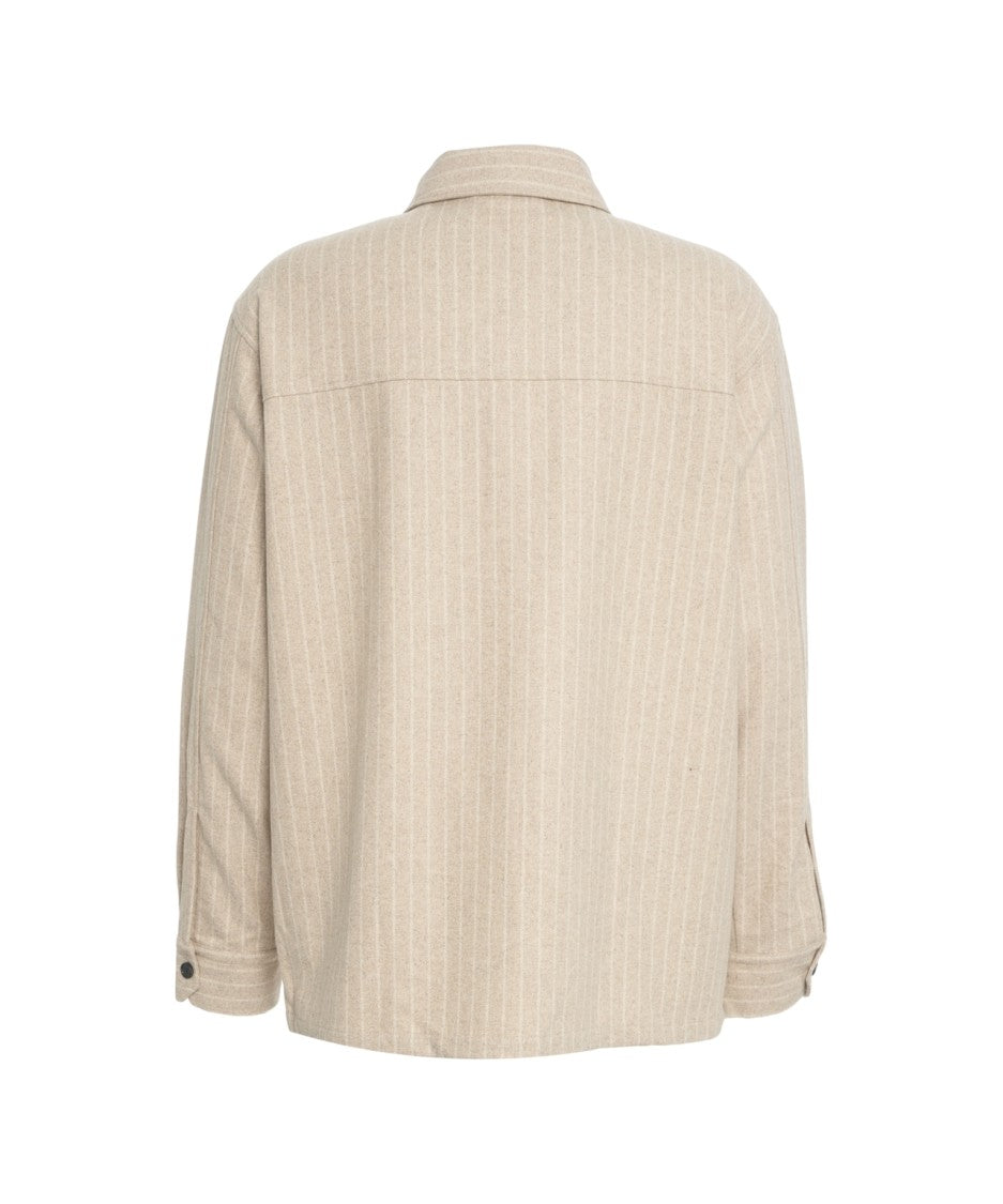 Rue De Tokyo Beige Striped Oversized Shirt Jacket With Functional Pockets