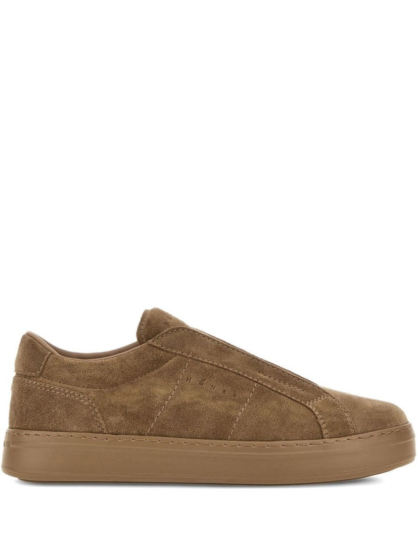 Hogan Brown Slip-On Leather Sneakers With Debossed Branding