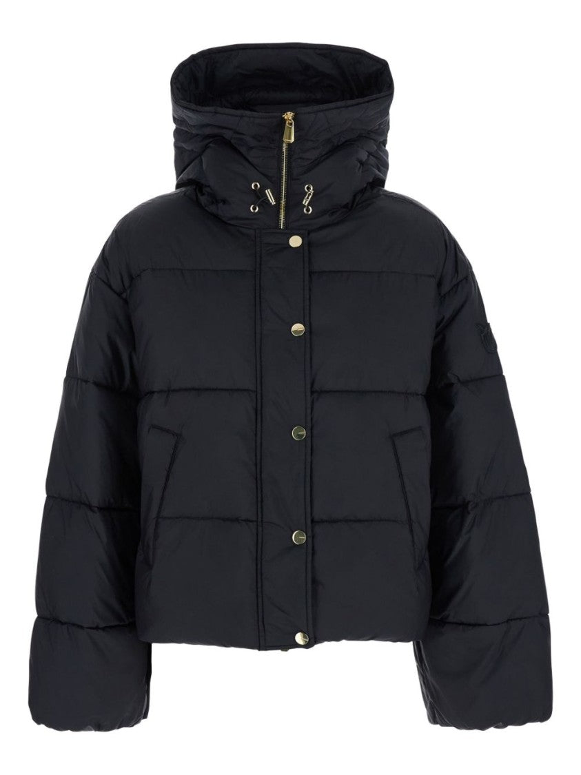 Pinko Cropped Black Coat With Hooded Neckline And Embroidered Logo