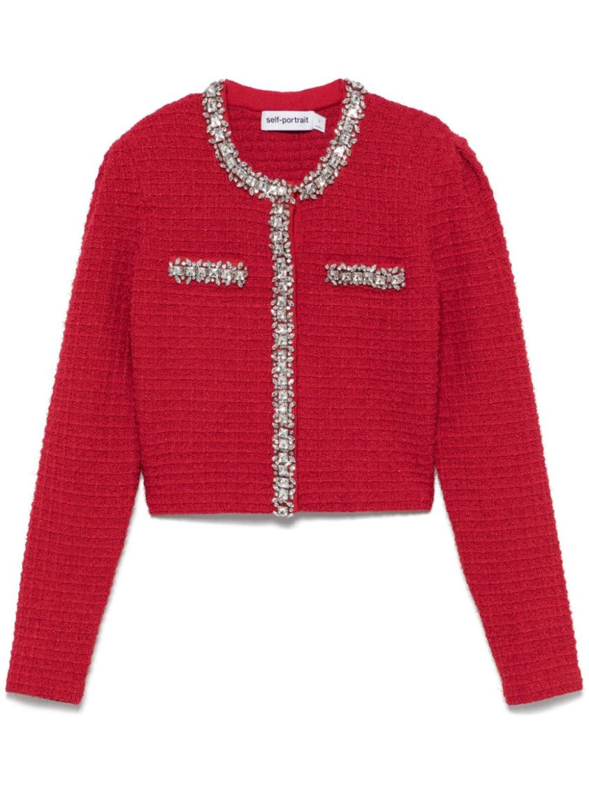Self-Portrait Textured Knit Cropped Sweater With Decorative Embellishments