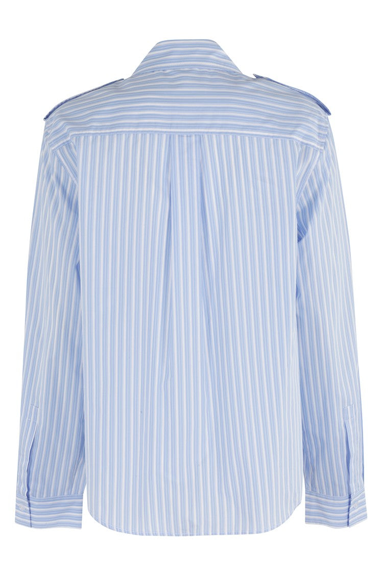 Essentiel Antwerp Striped Blue And White Shirt With Classic Collar And Tie Detail