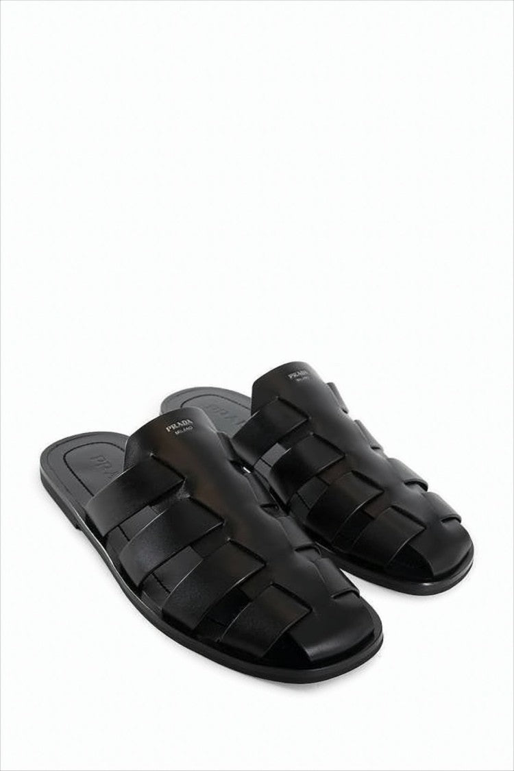 Prada Woven Strap Black Leather Mules