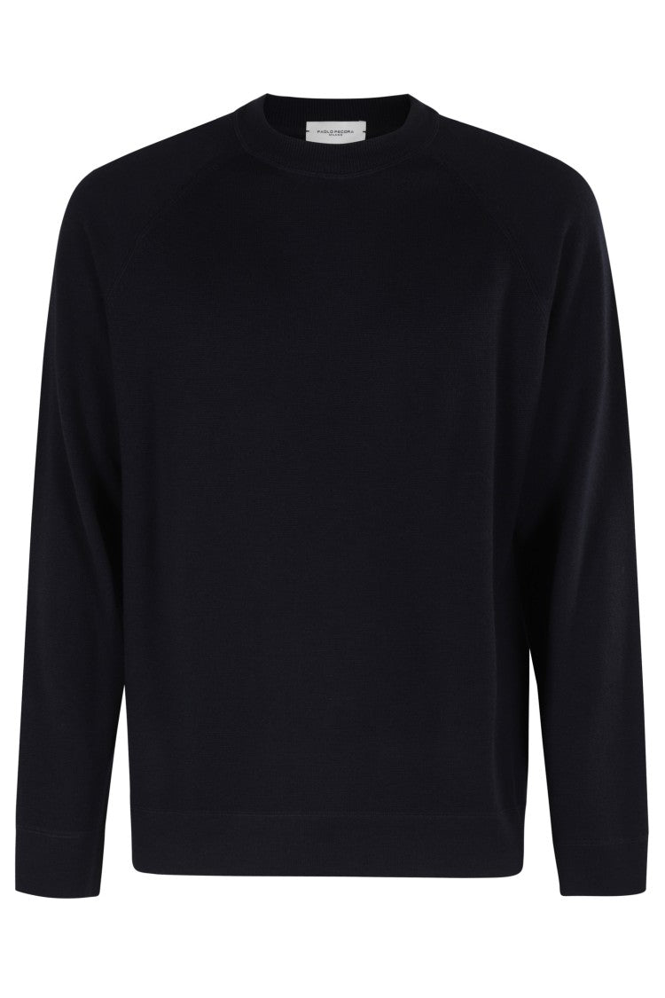 Paolo Pecora Classic Crew Neck Sweater In Soft Blue Wool