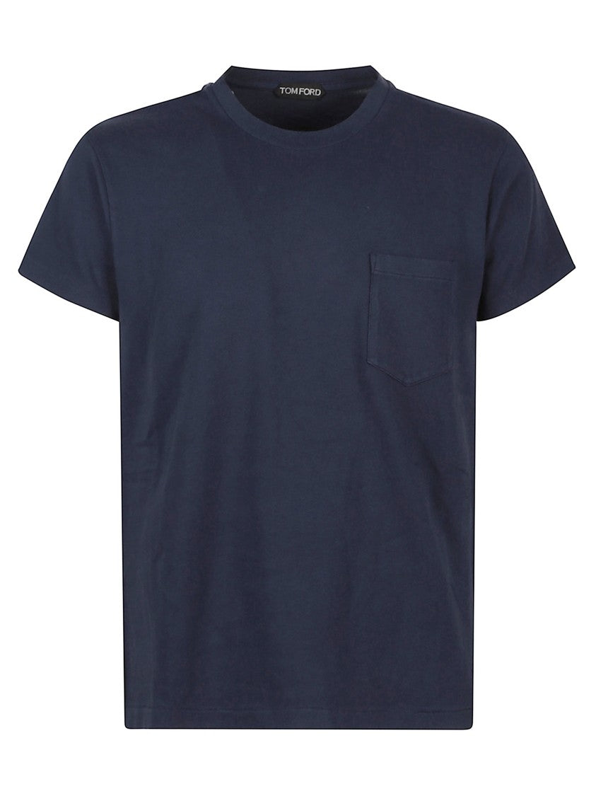 Tom Ford Indigo Blue Cotton T-Shirt With Chest Pocket And Crew Neck