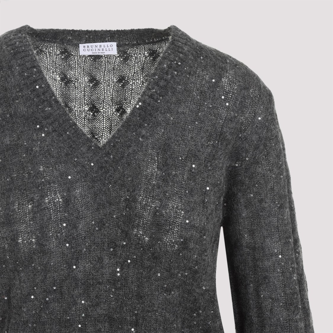 Brunello Cucinelli Lead Grey Mohair V-Neck Cable Pullover