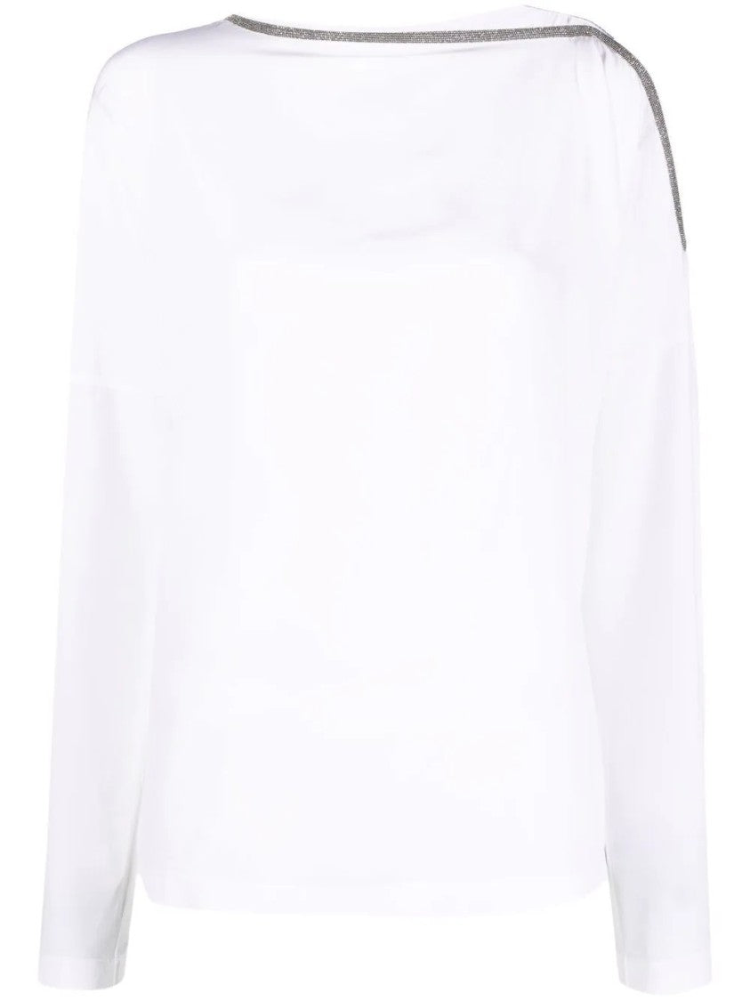 Brunello Cucinelli White Silk Long Sleeve Boat Neck Sweater