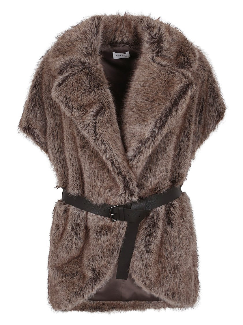 Parosh Faux Fur Vest With Lapel Collar And Tone-On-Tone Belt