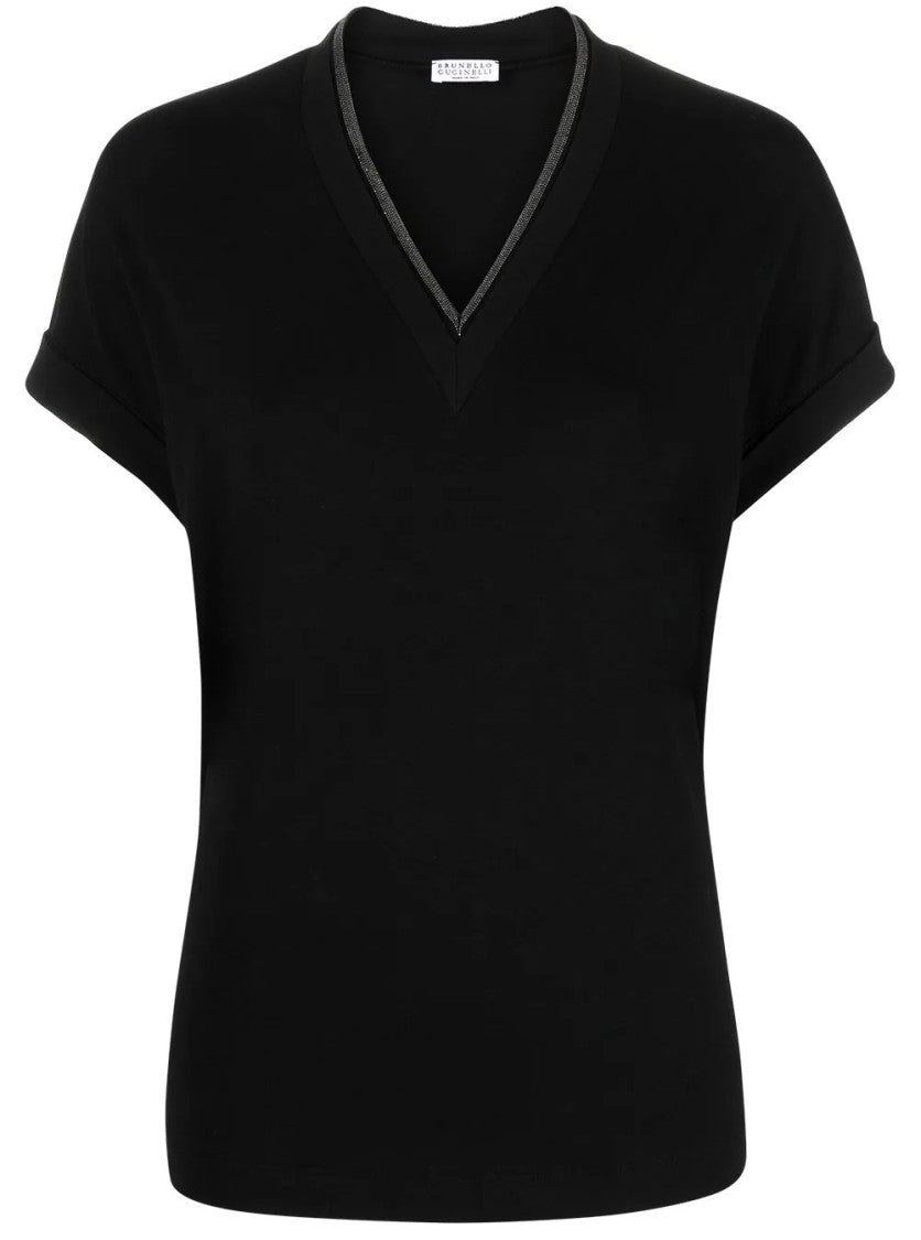 Brunello Cucinelli V-Neck Short Sleeve T-Shirt With Rolled Sleeves