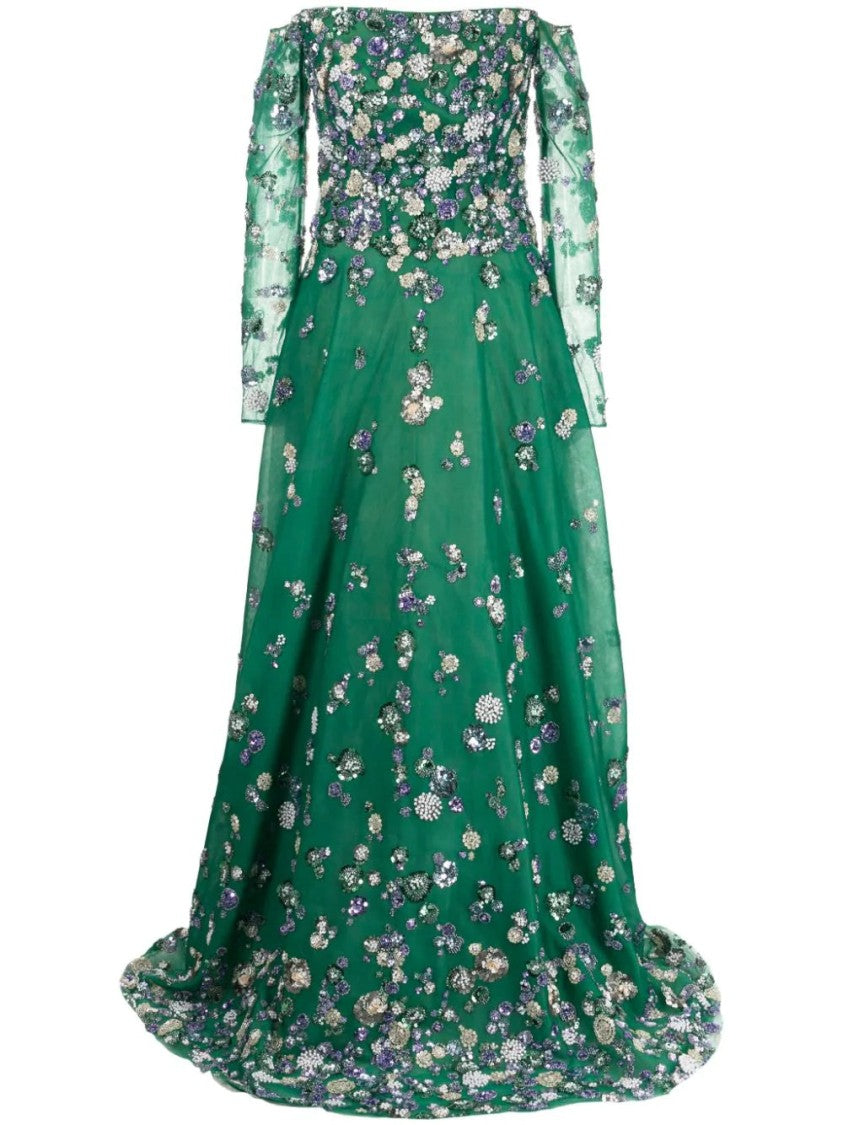 Saiid Kobeisy Tulle Beaded Dress With Off-Shoulder Sleeves