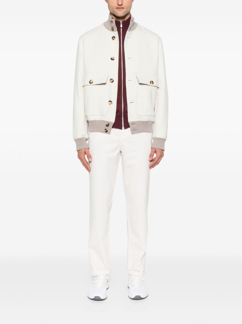Brunello Cucinelli High Collar White Knit Sweater