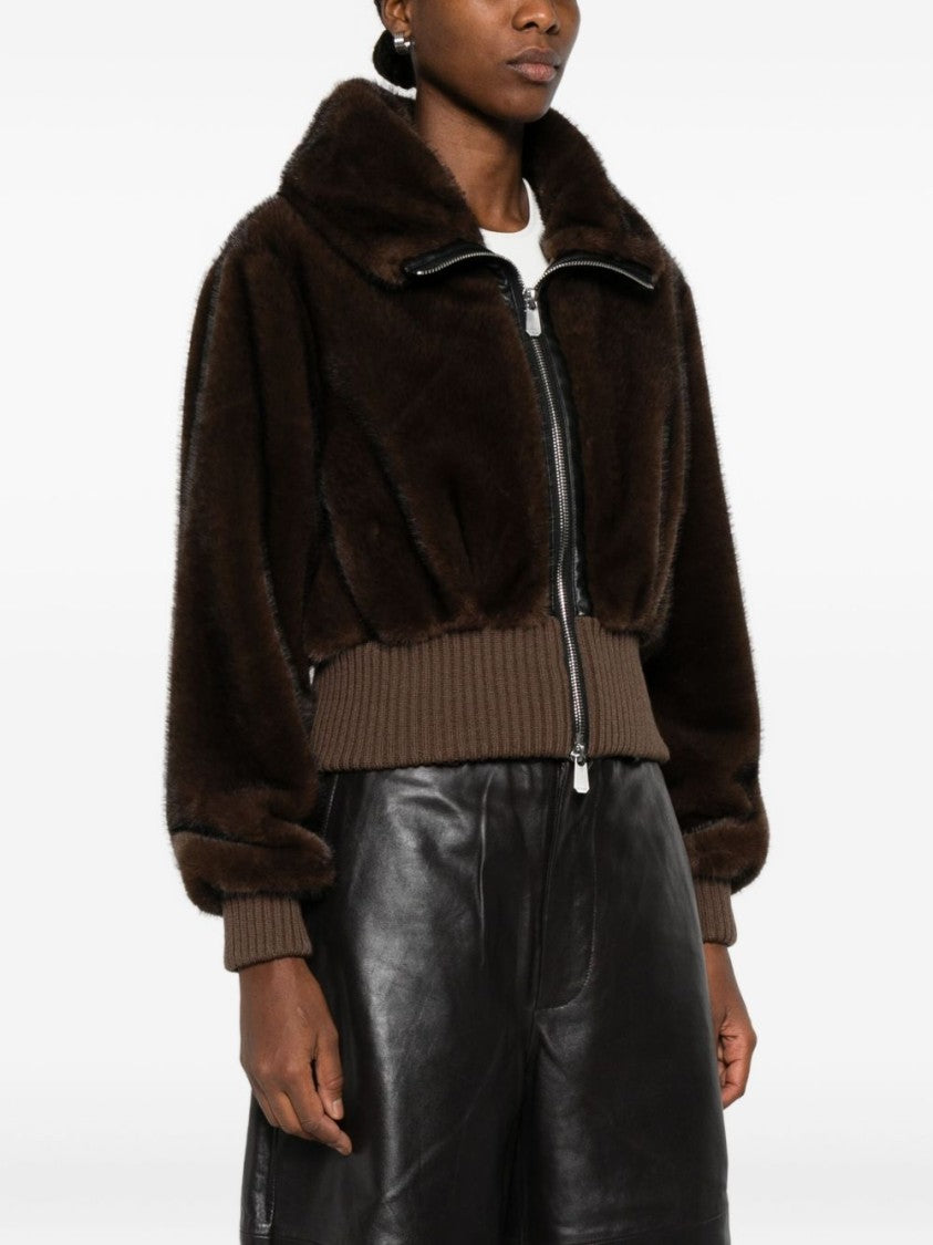 Pinko Cropped Jacket With Plush Faux Fur Texture